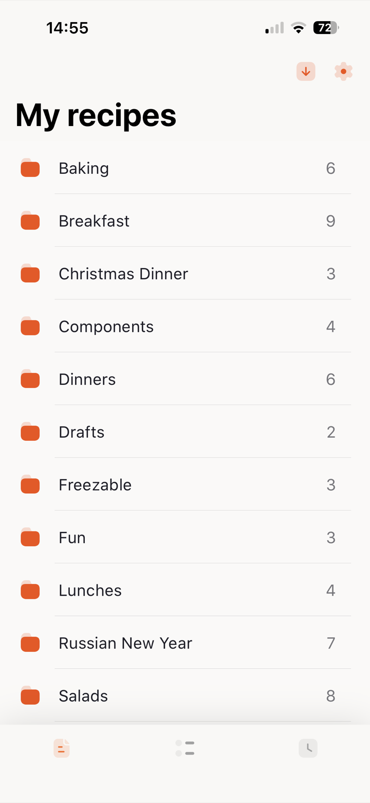 Recipe folders in the iOS app