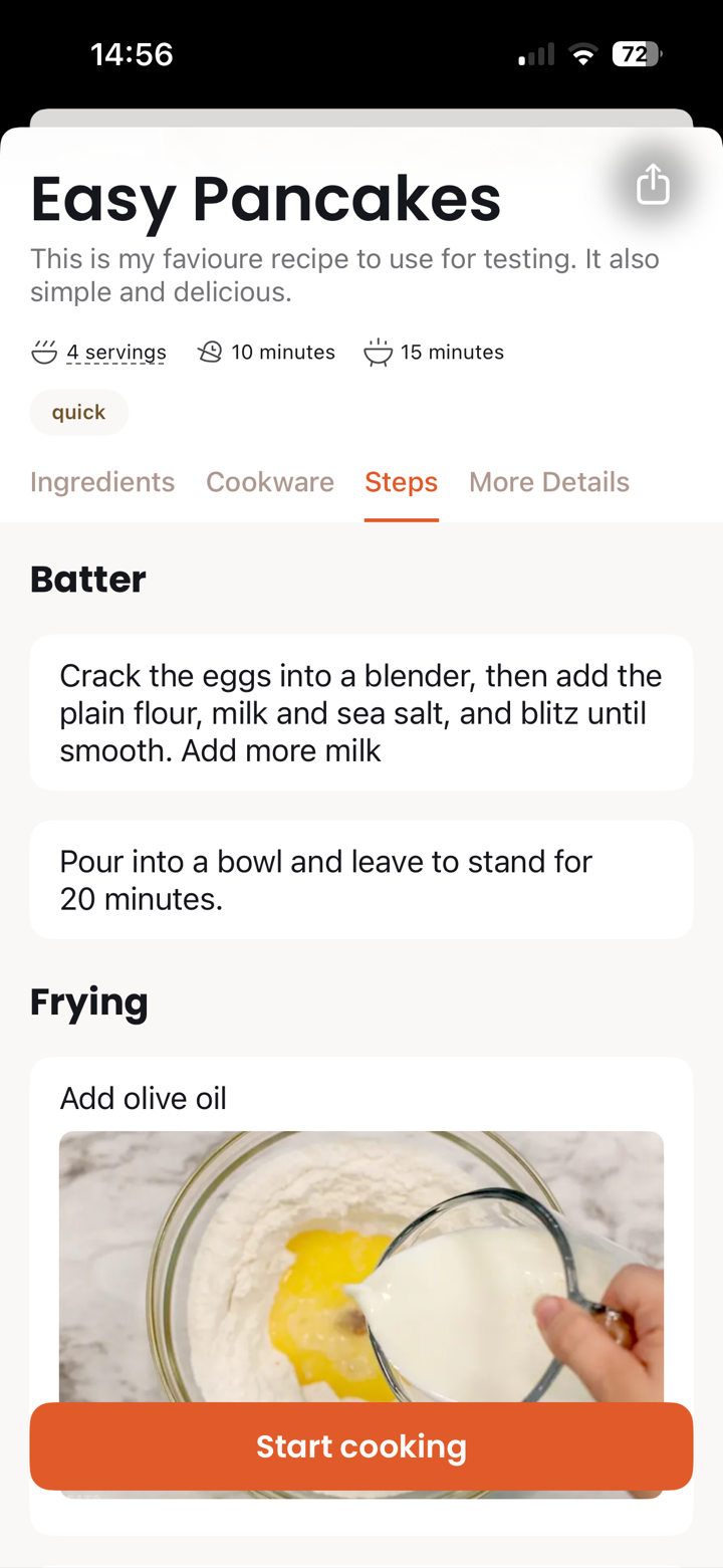 Recipe steps grouped into sections, with a step photo