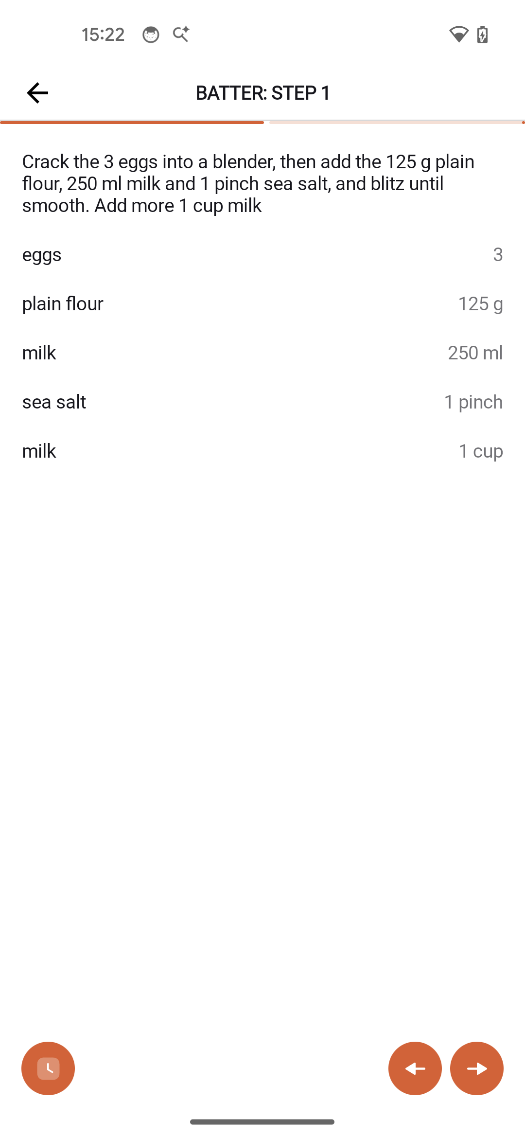 Cooking mode on Android showing one step with its ingredients and next/previous buttons