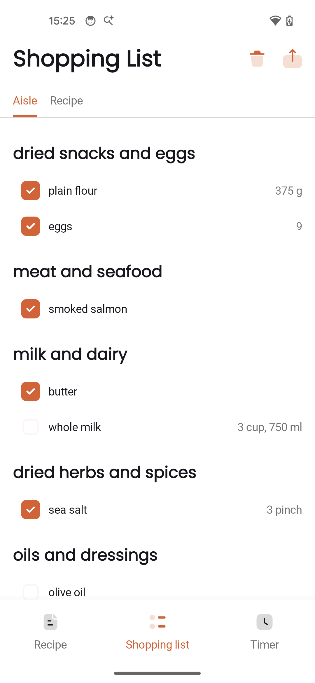 Shopping list grouped by aisle with items checked off