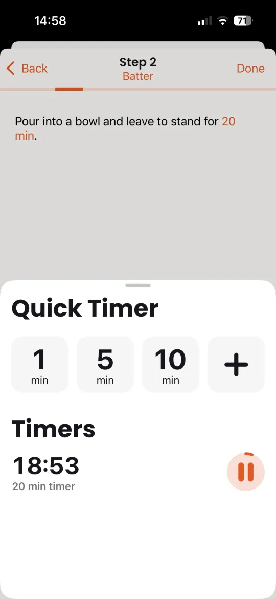 Tap a time in any recipe step to start a timer