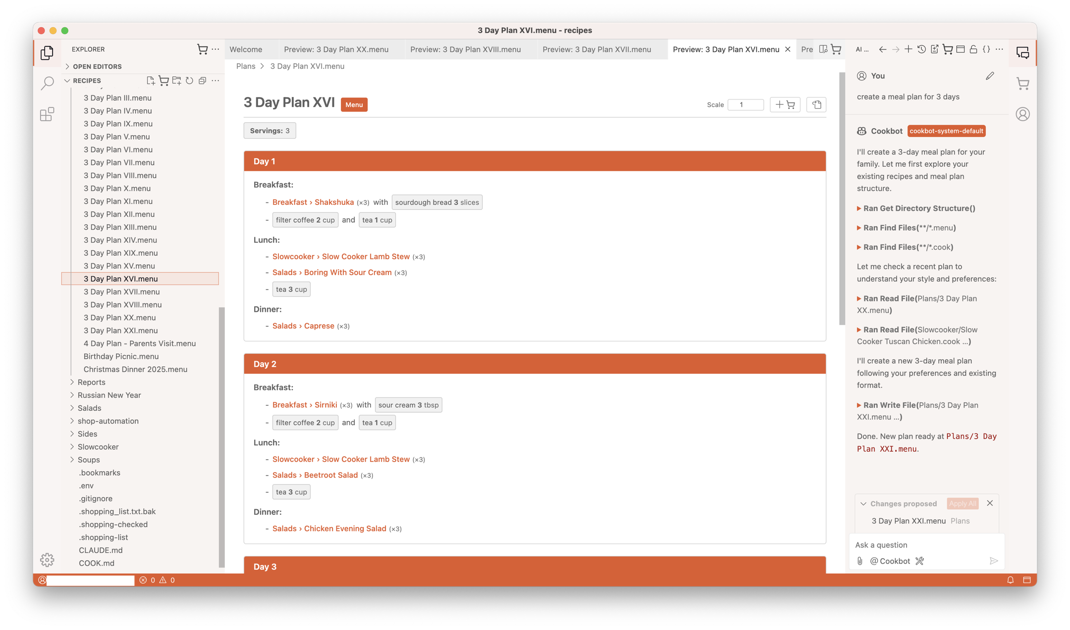CookBot AI sidebar planning meals inside Cook Editor
