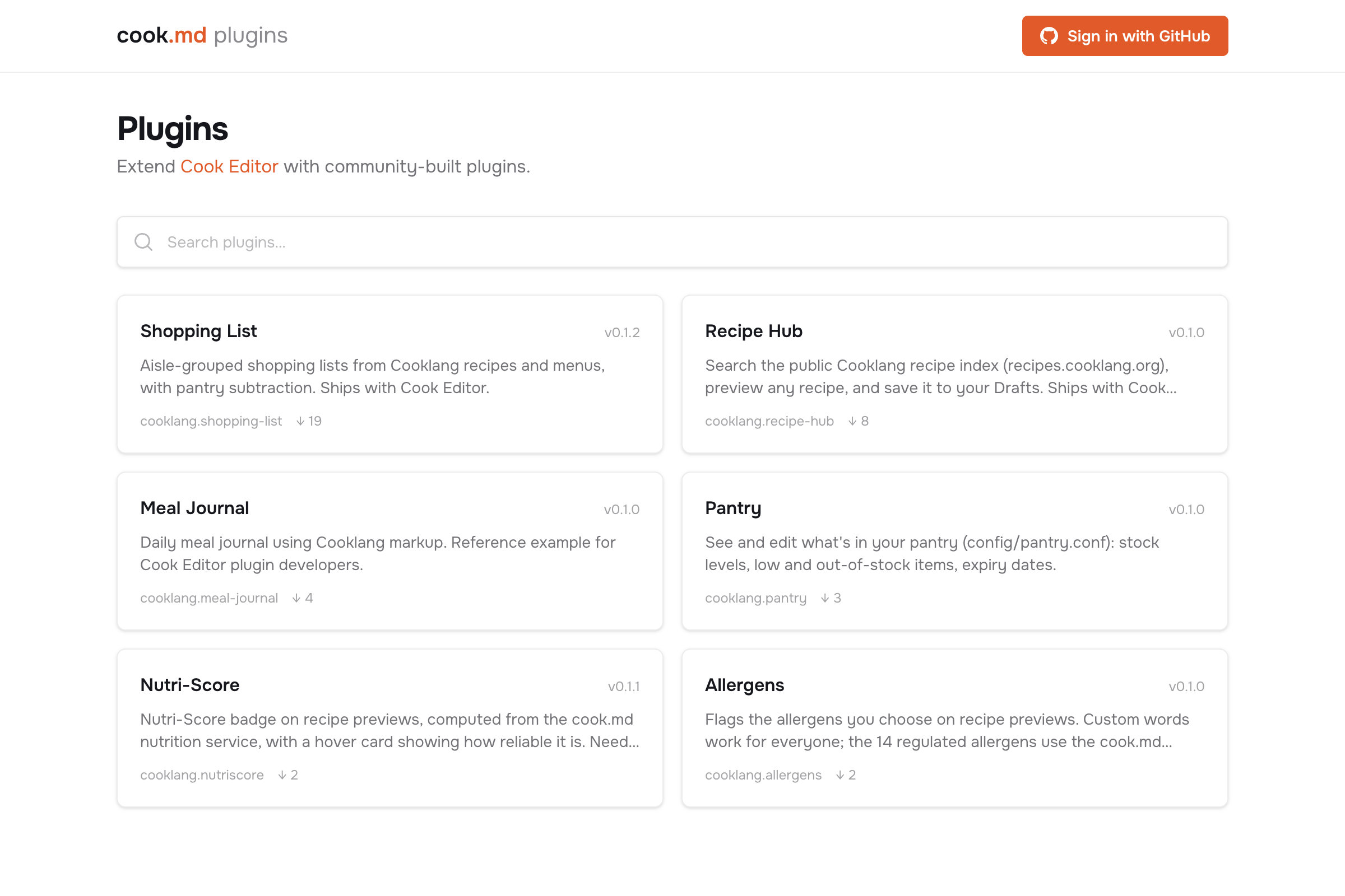 The plugins.cook.md marketplace listing Shopping List, Recipe Hub, Meal Journal, Pantry, Nutri-Score and Allergens plugins