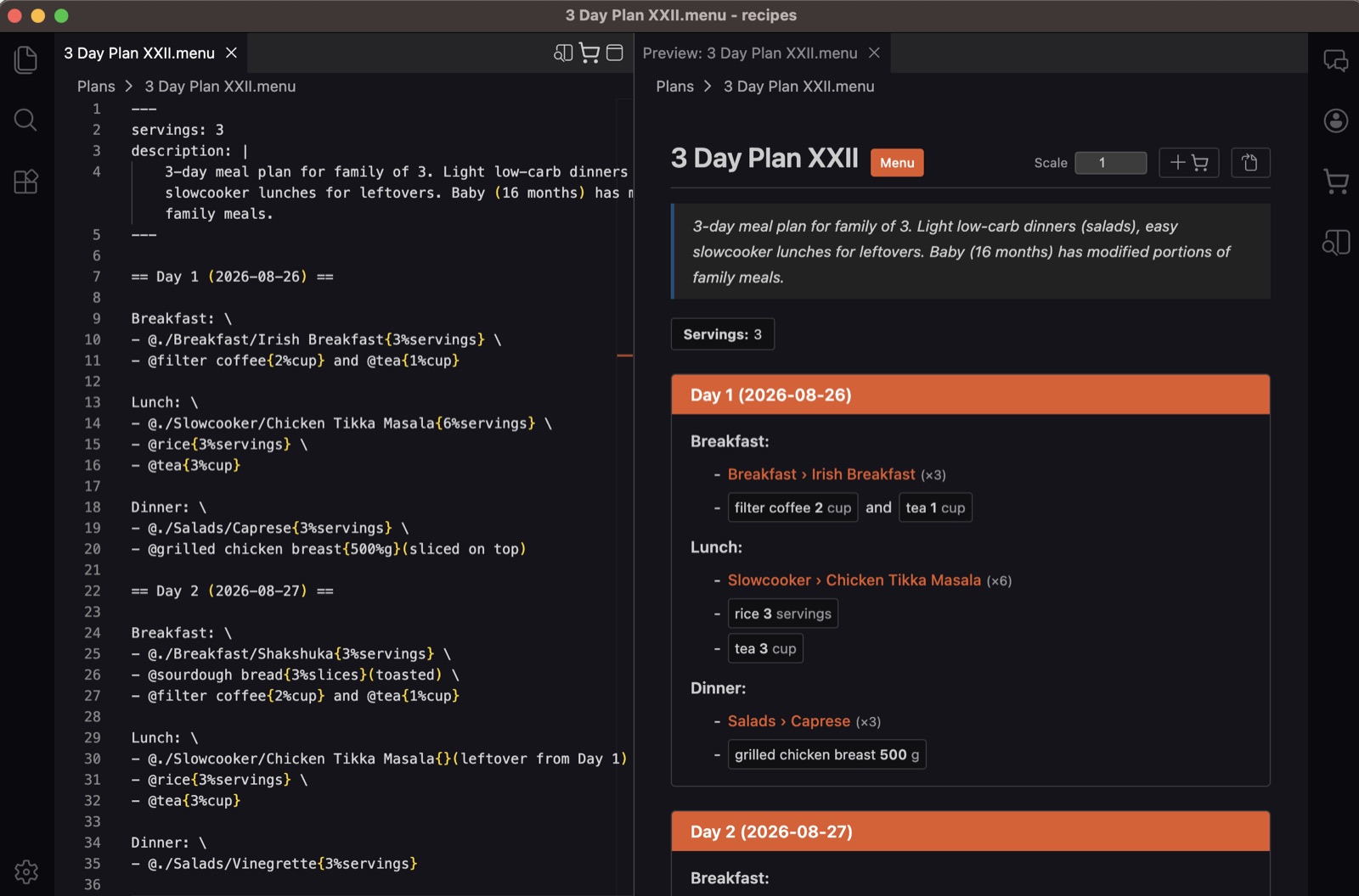 A .menu file in the Cook Editor: source on the left, rendered day-by-day plan on the right