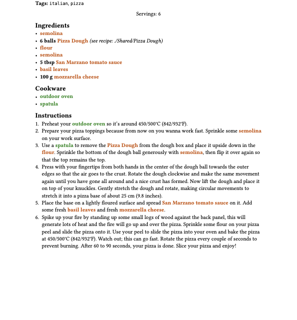 The Typst export of the sample pizza recipe compiled to PDF: ingredients in orange, cookware in green, numbered steps