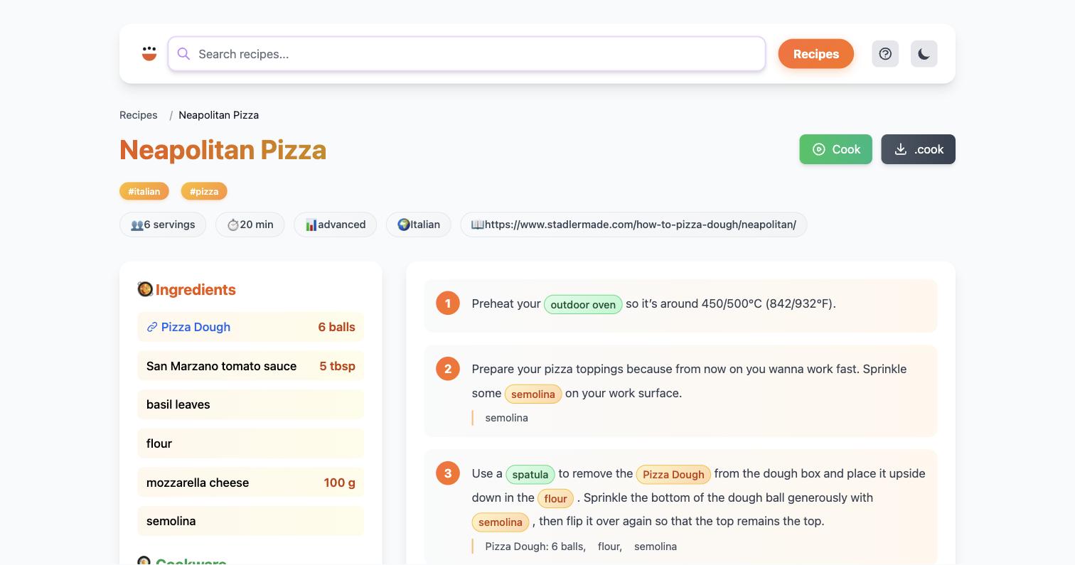 A recipe page in the generated site, with a download button for the .cook source