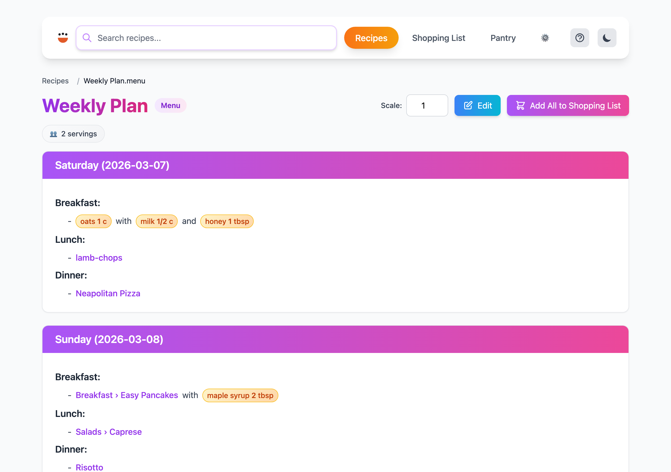 A .menu file rendered by cook server, one card per day with recipe links and loose ingredients